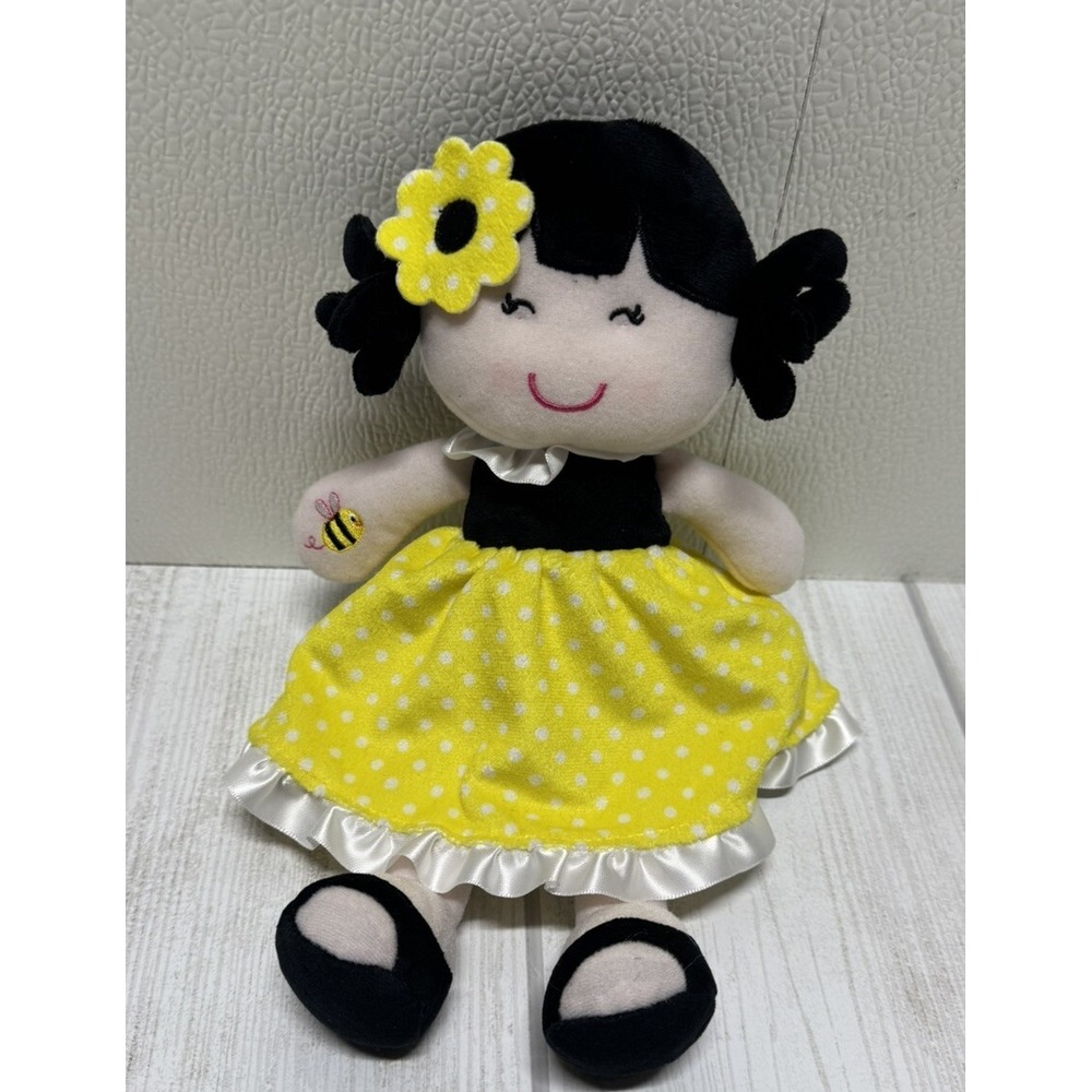 Baby Starters Soft Body Doll Yellow Polka Dot Dress Black hair embroidered bee